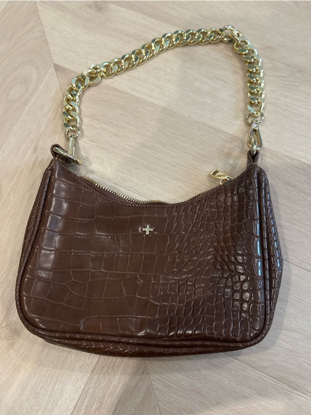 Peta + Jain Brown Croc-Embossed Mini Shoulder Bag with Gold Chain